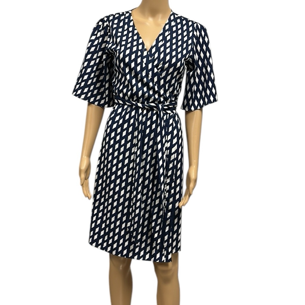 Banana Republic Wrap Short Sleeve Blue White Diamond Pattern Midi Dress Womens 2